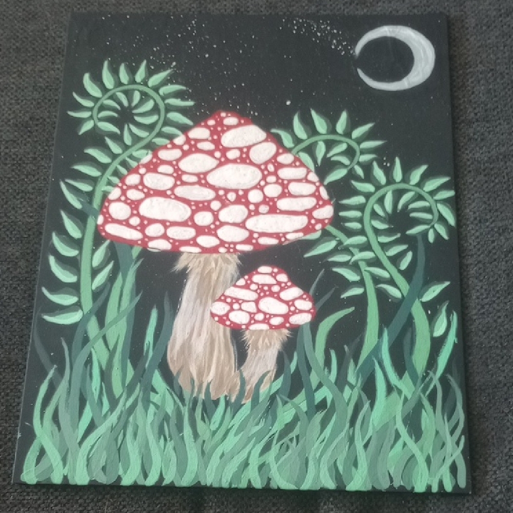 Mushroom Art Canvas with Red and Green Accents